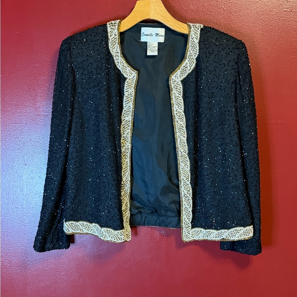 Vintage 80s‎ Silk Beaded Jacket Black Gold Size PM